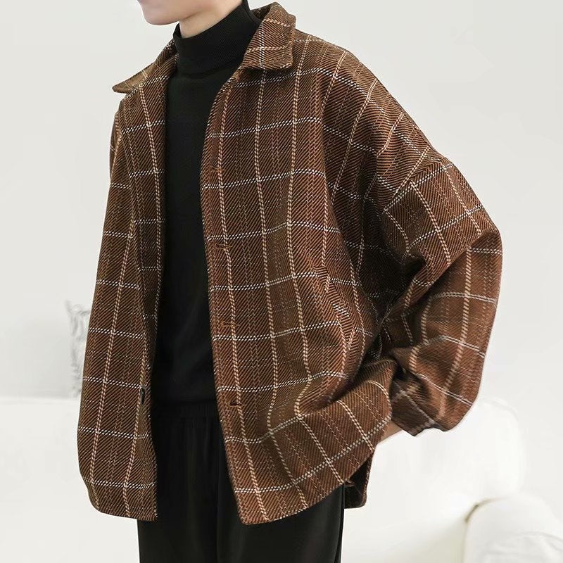 saferido -shop mens fashion Autumn and Winter Woolen Plaid Jacket Men's Loose Korean Chic Retro Hong Kong Style Trendy Casual All-Matching Top Jacket