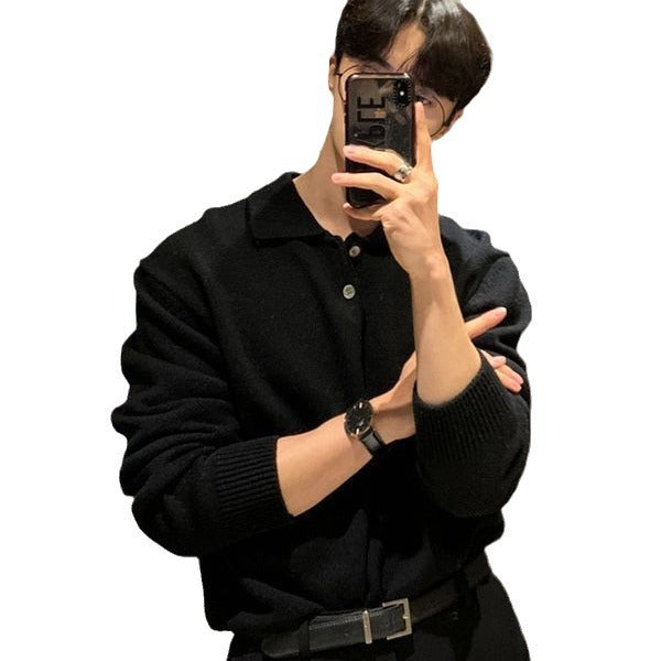 saferido -shop mens fall fashion Lapel Polo Shirt Sweater Men's Loose Korean Style Trendy Handsome All-Match Solid Color Bottoming Sweater Top Coat