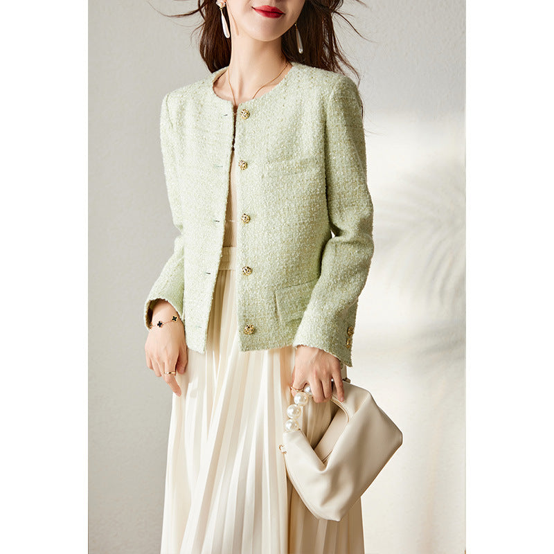 2025 Wool tweed spring and autumn small fragrant jacket new autumn clothing short candy green top women's spring clothing