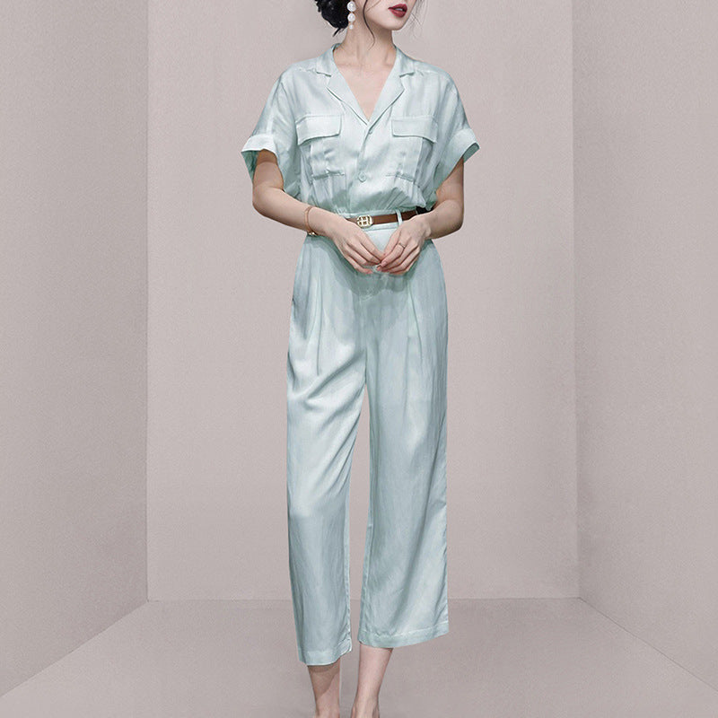 Summer women's new light blue tooling wind cotton and linen jumpsuit jumpsuit wide-leg pants nine-point pants