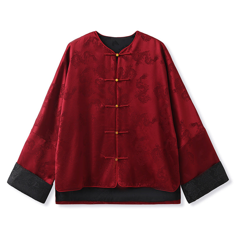 popular autumn and winter national style satin jacquard solid color coat women's new Chinese temperament acetate button top M7061