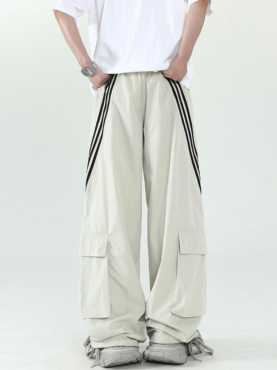 American striped quick-drying assault pants men's summer trendy brand stitching large pocket overalls high street straight quick-drying trousers