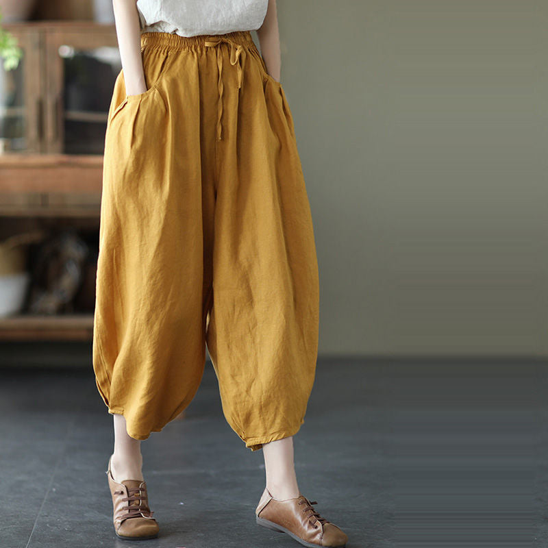 summer new literary and retro casual versatile nine-point pants loose large size thin temperament solid color Harlan pants