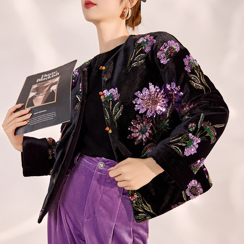 Guofeng winter new heavy industry sequined embroidered jacket round neck temperament design sense new Chinese down jacket MZ002