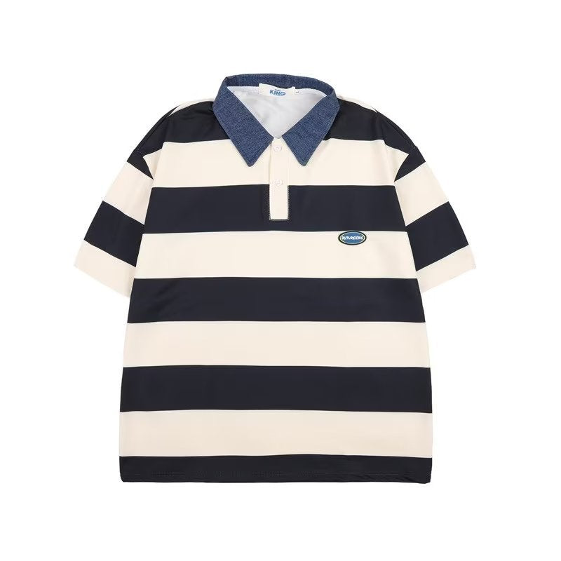 saferido -shop masc outfits American Retro Design Striped Top Men's and Women's Summer Loose All-Match College Style Couple Polo Shirt Short Sleeve Fashion
