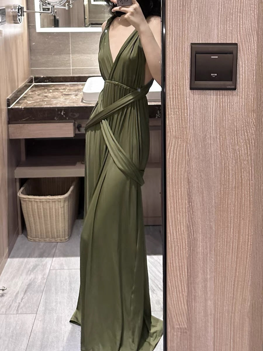 2025 high-end sense high-cold imperial sister style neck dress green evening dress high-end light luxury niche long dress summer