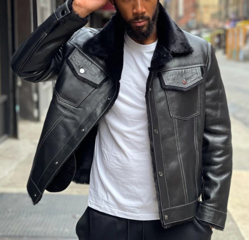 2025 New wish New black fur collar plush thickened men's leather jacket 6571