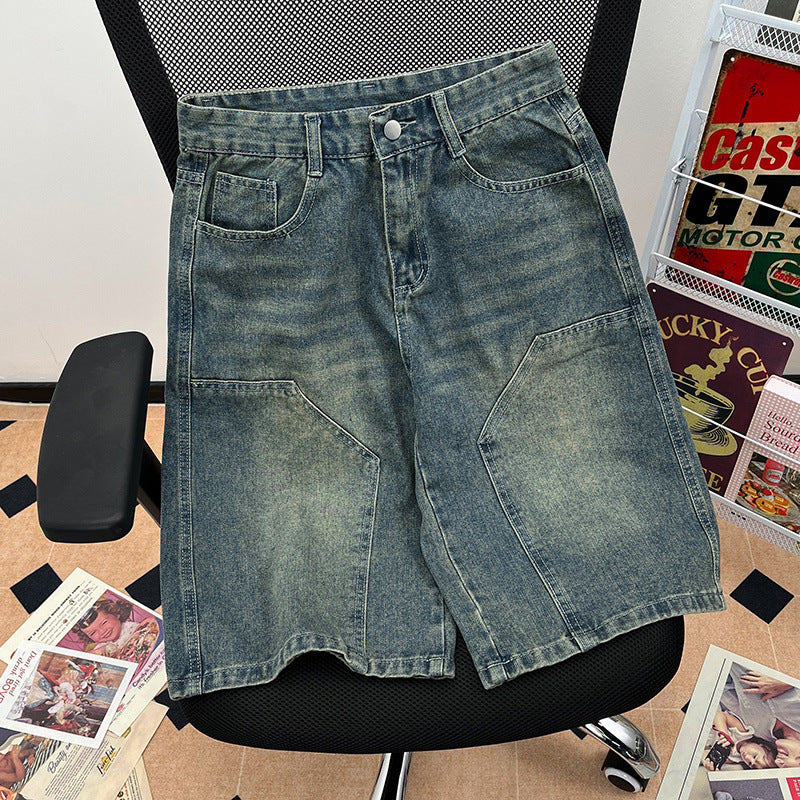 saferido 90s streetwear American-Style Retro Washed High Street Stitching Denim Shorts Men's and Women's Summer Wide-Leg Distressed Casual All-Match Cropped Pants