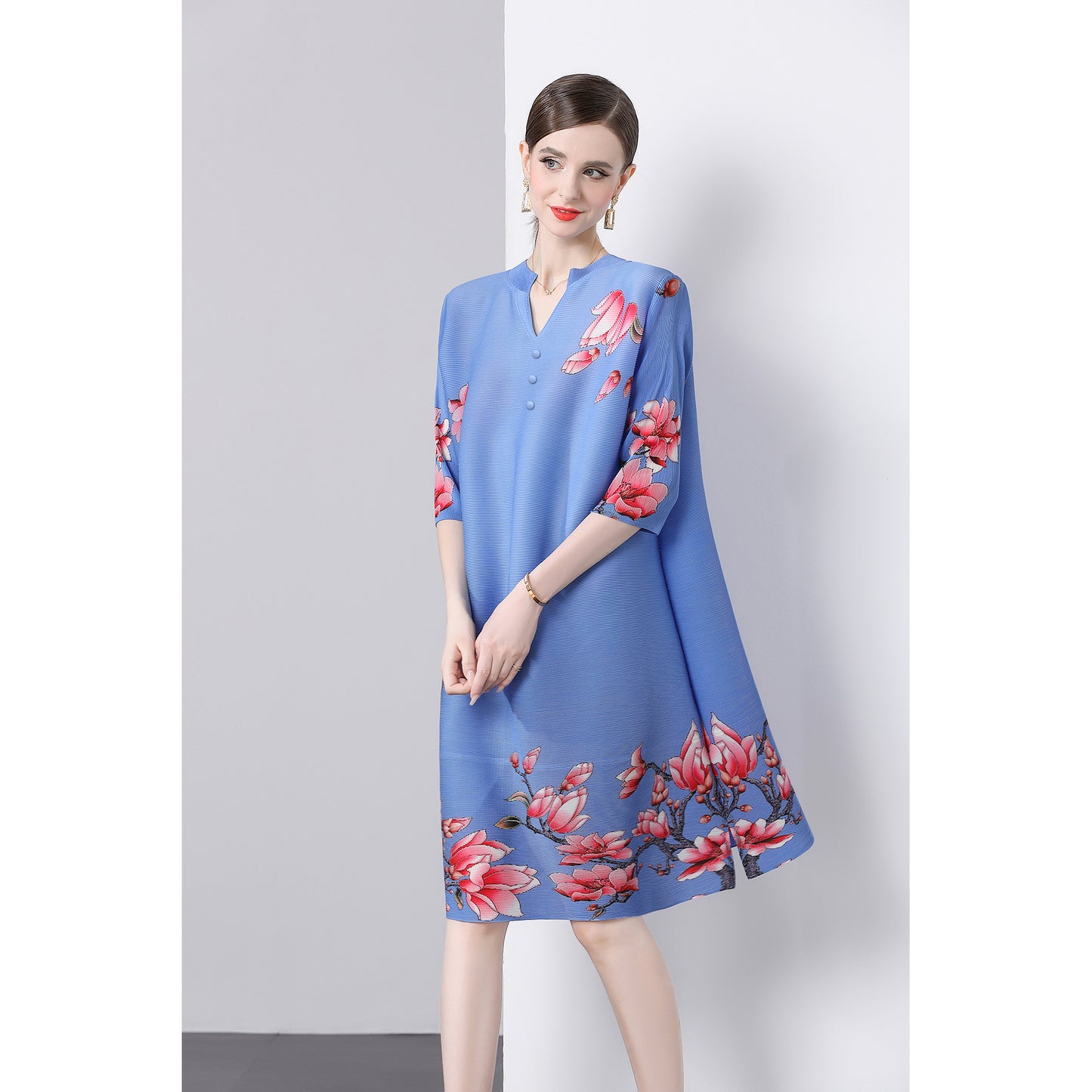 Pleated printed dress popular autumn dress new temperament large size a word new national style skirt female mother dress