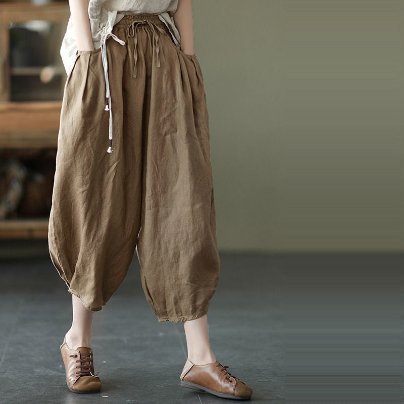 summer new literary and retro casual versatile nine-point pants loose large size thin temperament solid color Harlan pants