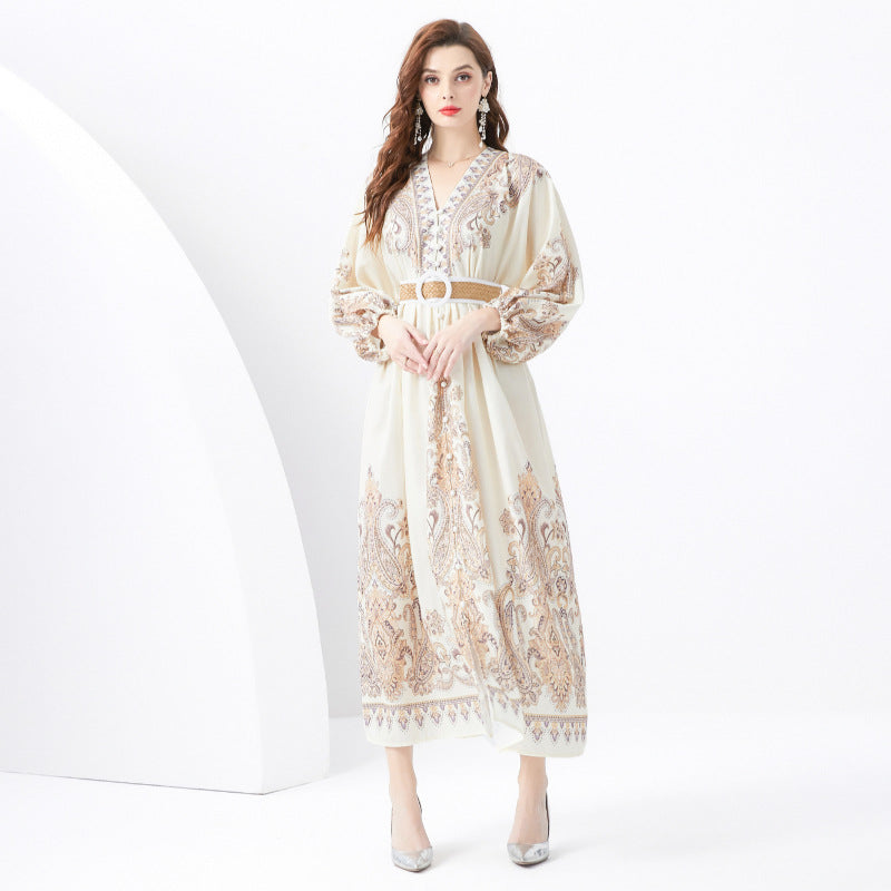 Dinner dress women's style high sense retro court style waist and thin temperament fashion printed dress