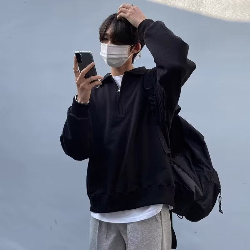 saferido -shop guys fits Black Half Zipper Lapel Sweater Men's Autumn New Korean Style Casual Personality Fashion Simple Top Outer Wear
