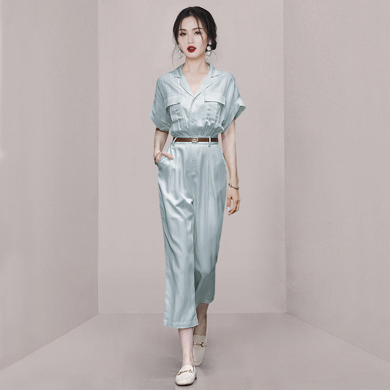 Summer women's new light blue tooling wind cotton and linen jumpsuit jumpsuit wide-leg pants nine-point pants