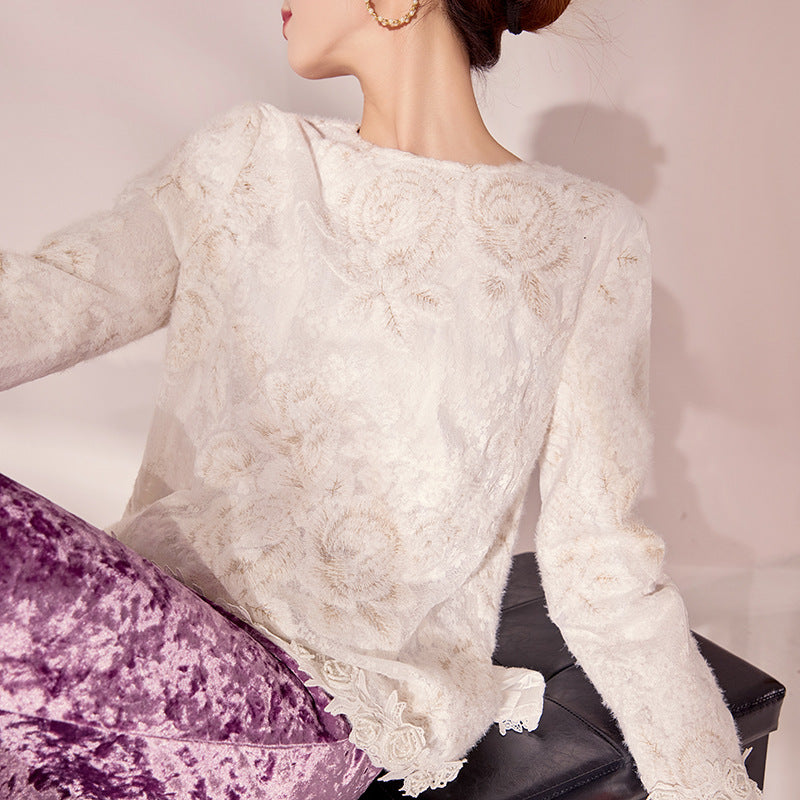 Spring New Versatile New Chinese Lace Top Crew Neck Flower Embroidery Design National Style Shirt MZ056