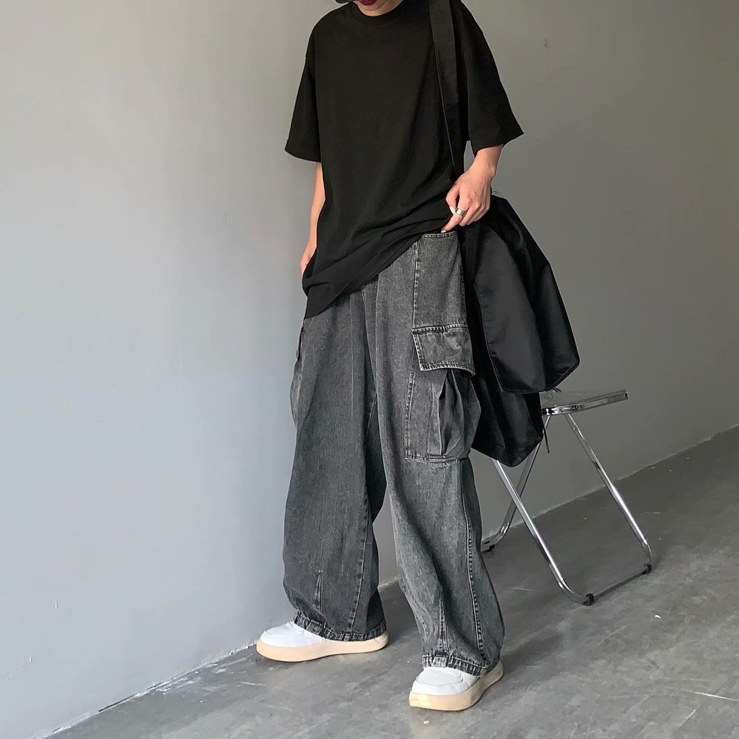 saferido 90s fashion men INS Japanese Style Street Retro Draping Loose Wide Leg Casual Large Pocket Workwear Denim Washed Dad Pants Men and Women
