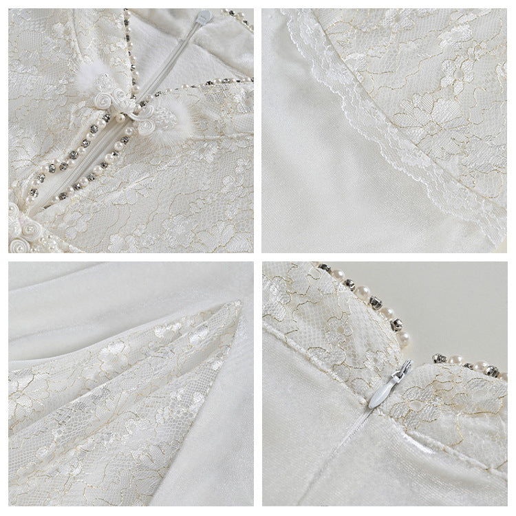 2025 new high-end design sense of national style white buckle lace splicing hip mermaid dress LZ074