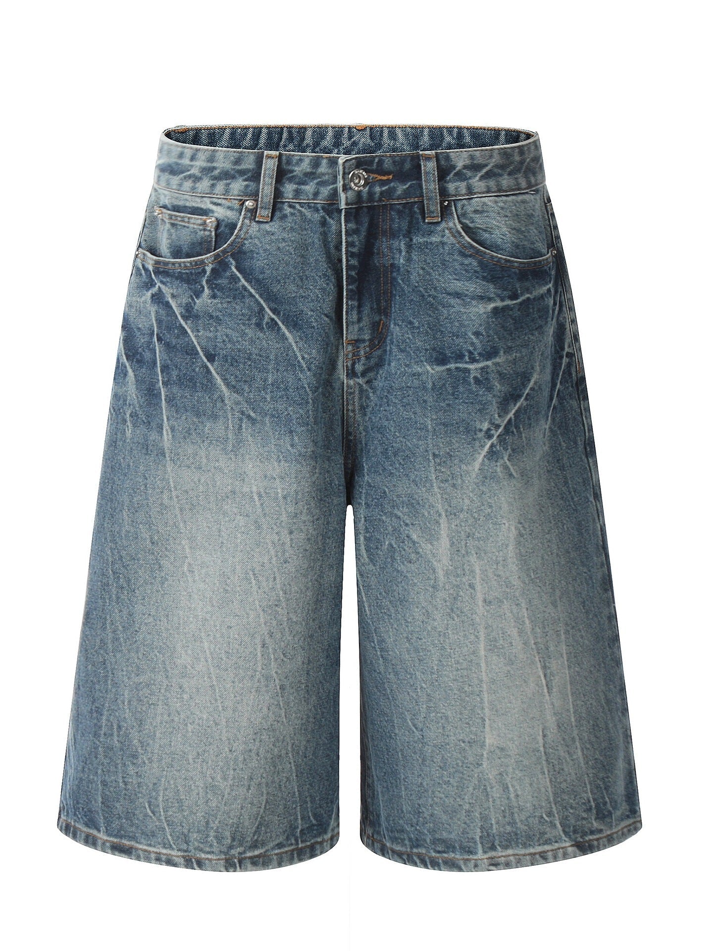 American retro distressed blue lightning denim shorts men's summer new loose straight wide-leg cropped pants drape