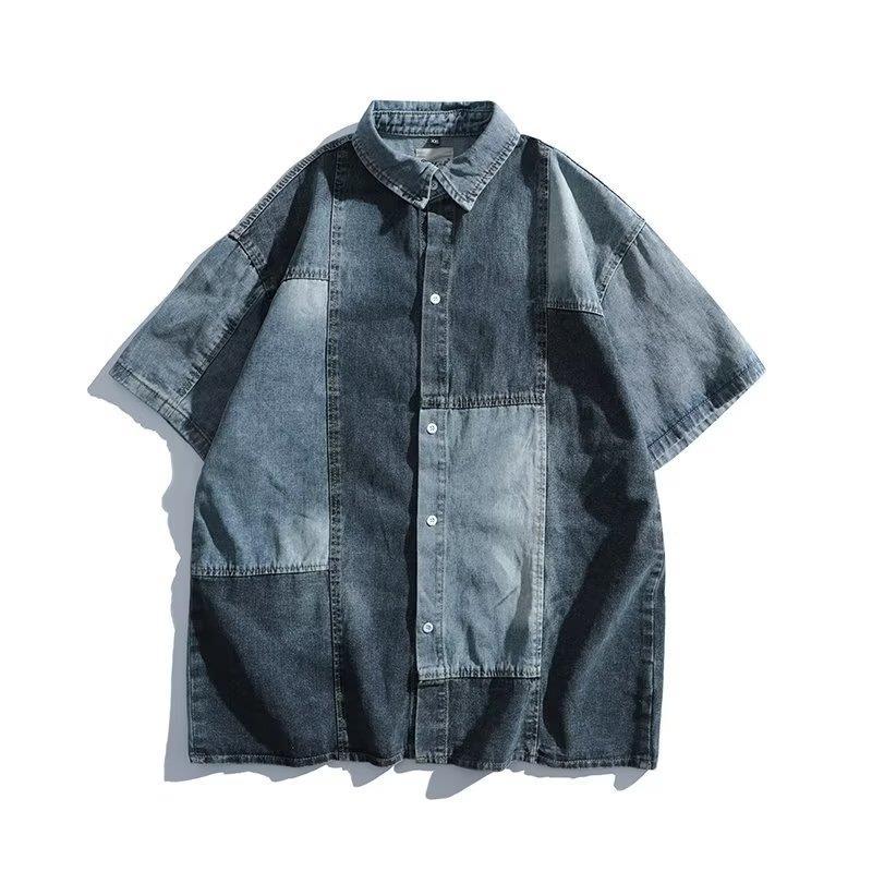 saferido 90s fashion men American-Style Retro Niche Stitching Denim Short-Sleeved Shirt Men's Shirt Junior Shirt Coat Women's Fashion