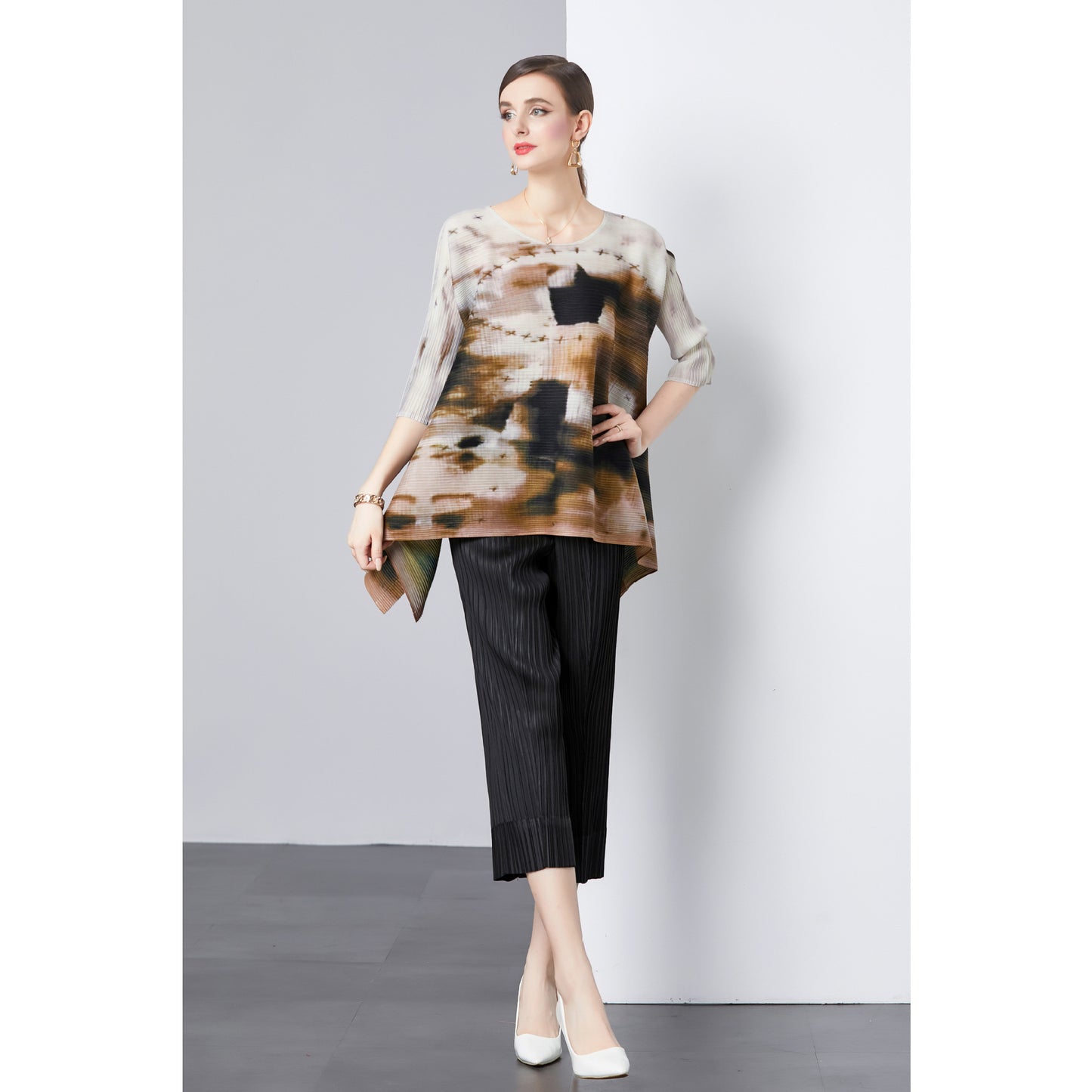 Popular style suit women's niche high-end sense loose elastic pleated printed top + high-waisted wide-leg casual pants