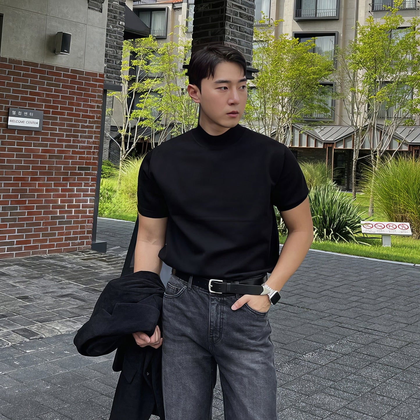 saferido -shop black men fashion urban Black Half Turtleneck Pullover Knitted T-shirt Men's American-Style Men's Short-Sleeved Sweater Trendy Slim Bottoming Half-Sleeved Shirt