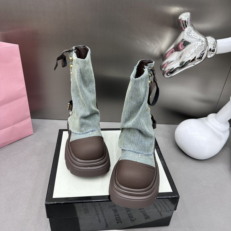 2025 Western denim cloth pants tube boots knight martin boots women's autumn and winter popular short boots children thick heel