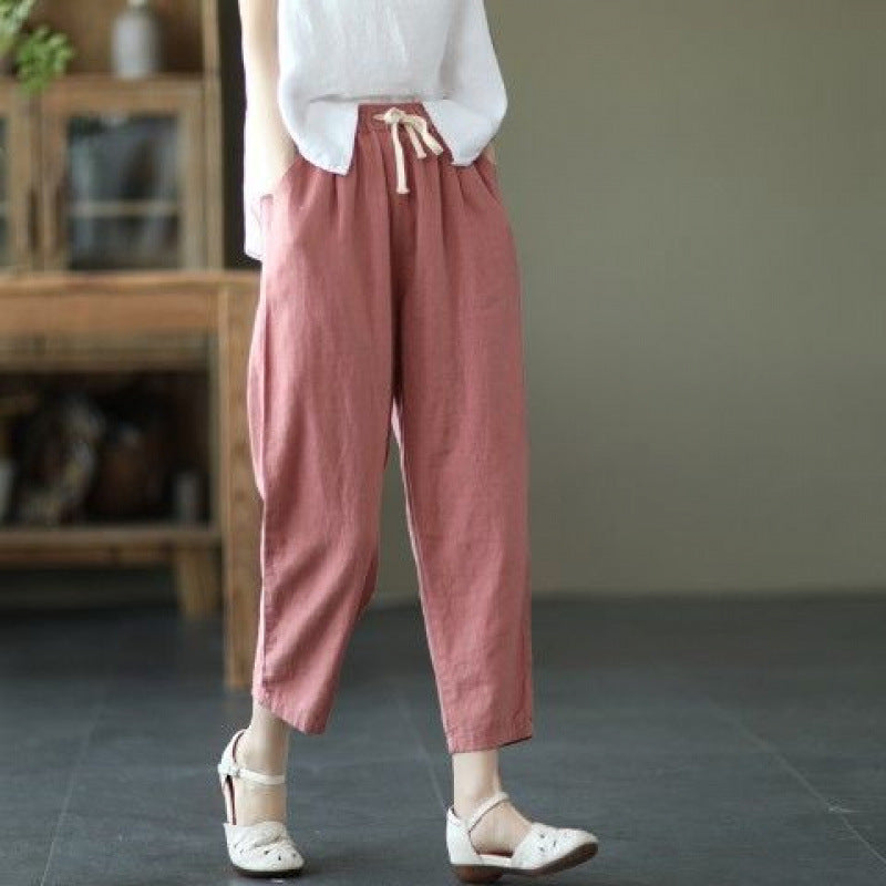 summer new literary and retro solid color simple Harlan pants loose large size versatile casual nine-point pants women