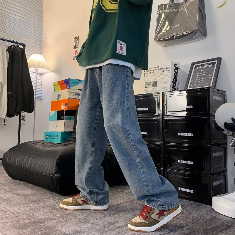 saferido -shop 90s fashion men Jeans Men's Spring and Summer Ins Hong Kong Style Retro Drop-down Wide-Leg Pants Versatile Loose Straight Dad Pants