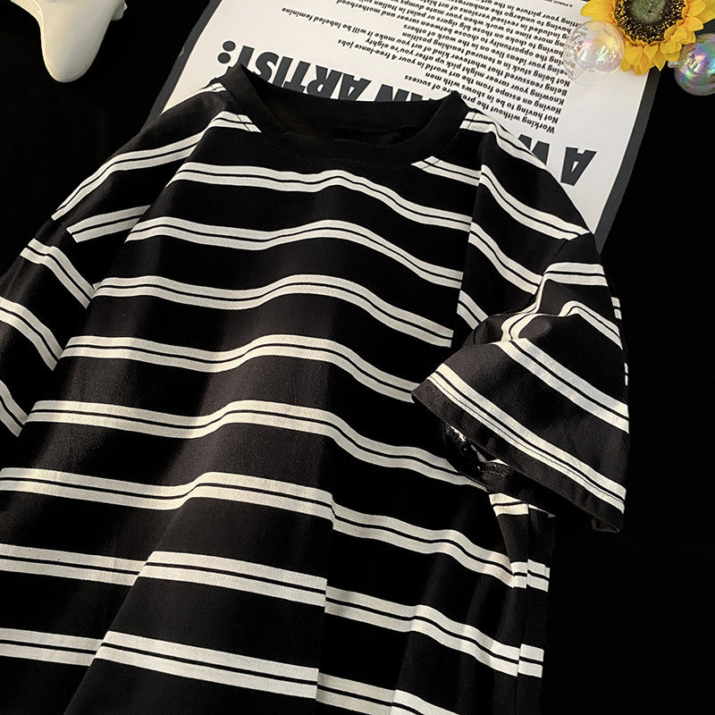 saferido      -shop 90s streetwear Japanese Striped Short-Sleeved T-shirt Men's Summer Loose Casual Retro Niche Versatile Cotton round Neck Bottoming T-shirt