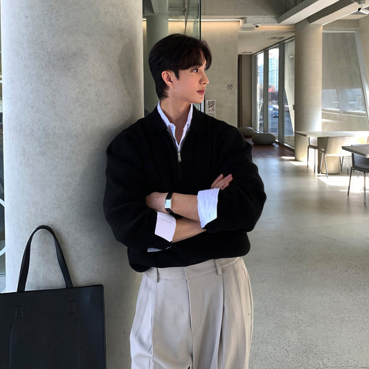 saferido      -shop classy outfits men Korean Style High-Grade Cleanfit Half Zipper Lapel Polo Sweater Men's Early Autumn New Casual Knitted Top