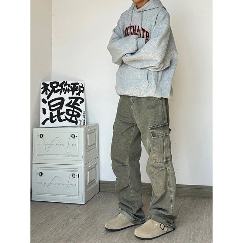saferido -shop mens outfits American Retro Vintage Pants High Street Washed Green Jeans Men's Straight Loose Logging Overalls