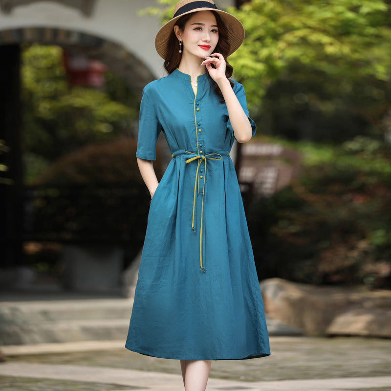 National style medium and long temperament dress summer new fashion waist thin breathable long skirt