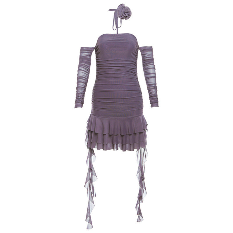 Cross-border 2025 style popular summer new women's clothing solid color sexy one-word collar fashion strap hip dress