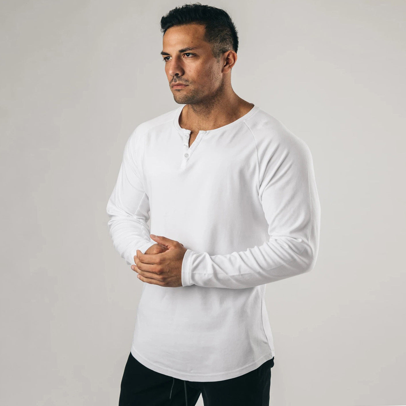 saferido      -shop men’s fashion Retro Henley Shirt Long-Sleeved T-shirt Solid Color Sports Fitness Bottoming Shirt Men's Cotton Stretch Thin V-neck Cardigan