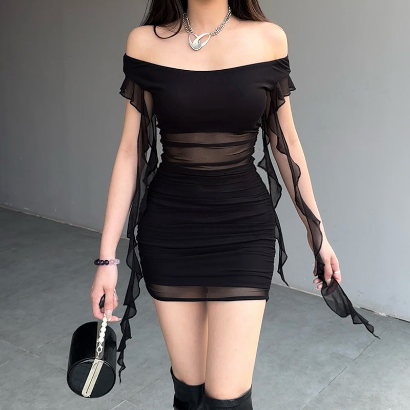 2025 style 2025 spring new women's clothing elegant temperament slim-fitting one-word collar solid color hip-wrapped dress