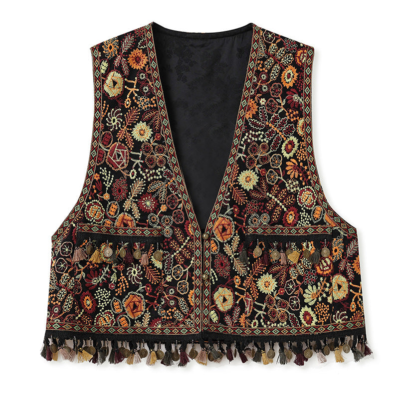 National style high-end retro style sleeveless temperament vest summer new Chinese embroidered fringed short vest N4078