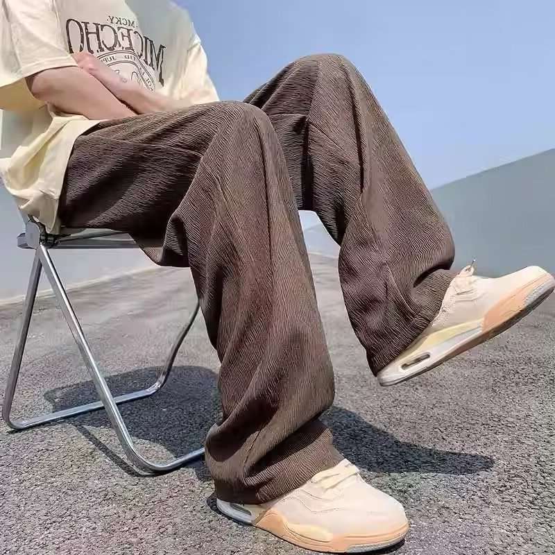 saferido fall mens outfits Ice Silk Pants Men's Summer Thin American High Street Fashion High-Grade Ruffle Handsome Drape Straight Wide-Leg Casual Trousers