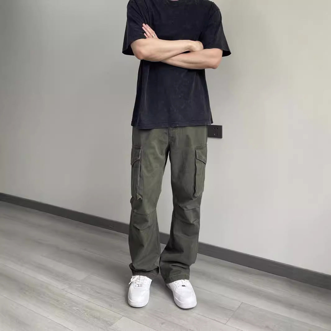 saferido fall outfits men Overalls American Street Retro Button Design Men's Straight Loose Large Pocket Straight Vibe Trousers