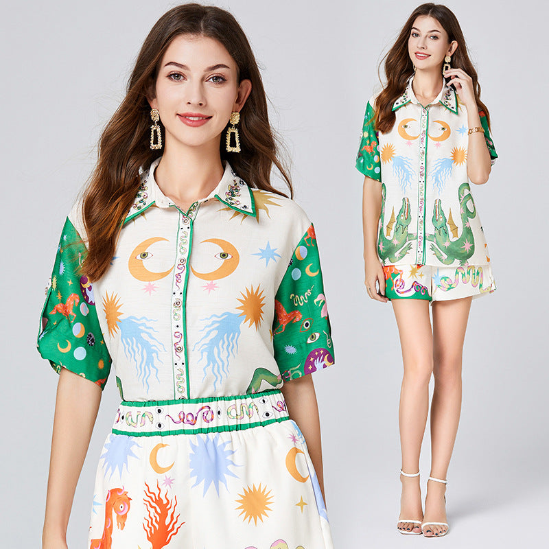 Popularan station set women's summer printed heavy industry beaded shirt + rubber band waist shorts two-piece set, with lining