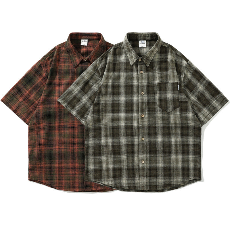 saferido -shop shirt Japanese Style Retro Artistic Youth Plaid Short Sleeve Shirt Men's and Women's Mori Cityboy Profile Half Sleeve Striped Shirt