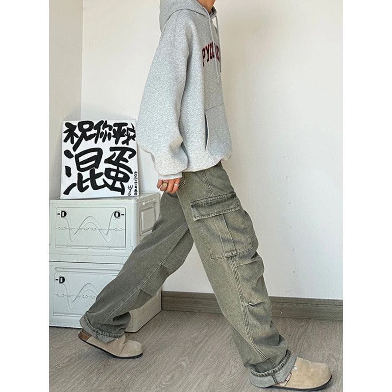 saferido -shop mens outfits American Retro Vintage Pants High Street Washed Green Jeans Men's Straight Loose Logging Overalls