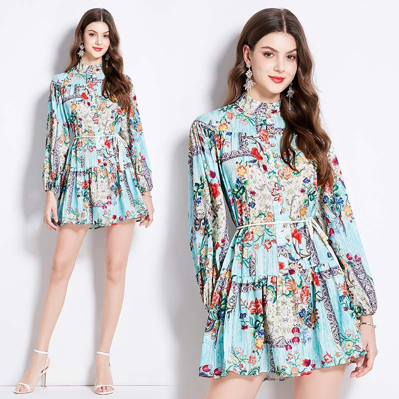 Court style dress Spring dress Women's retro lantern sleeves Lace-up waist thin short ruffle skirt dress