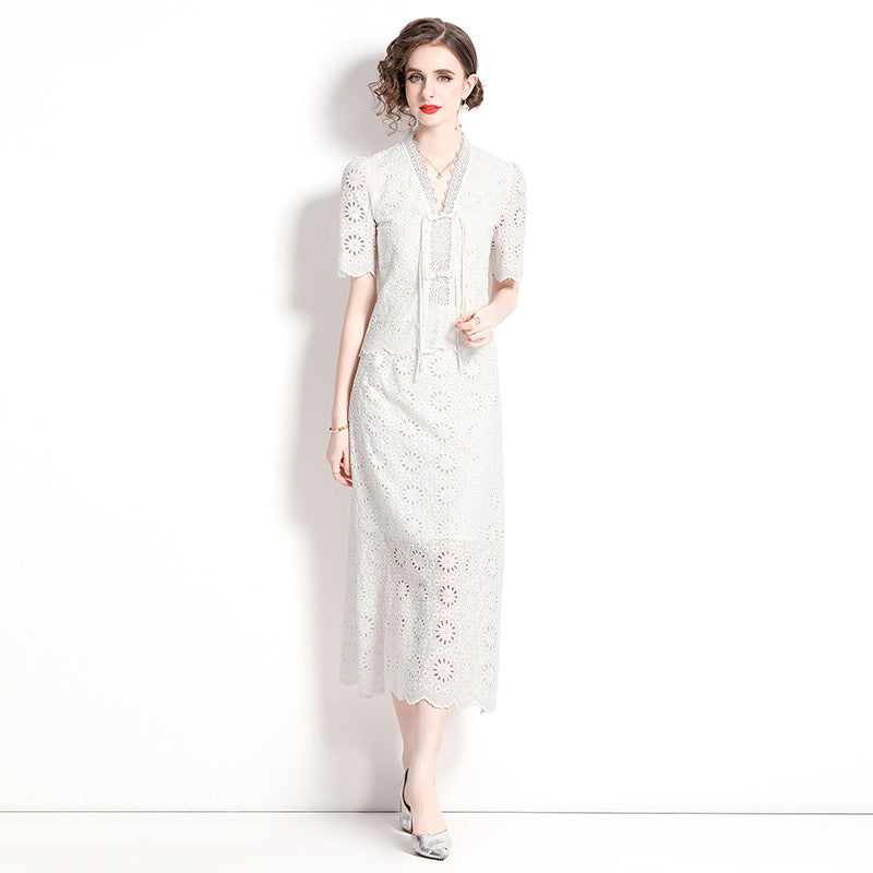 Summer new high-end coffee break skirt lace thin new Chinese improved cheongsam national style set two-piece set