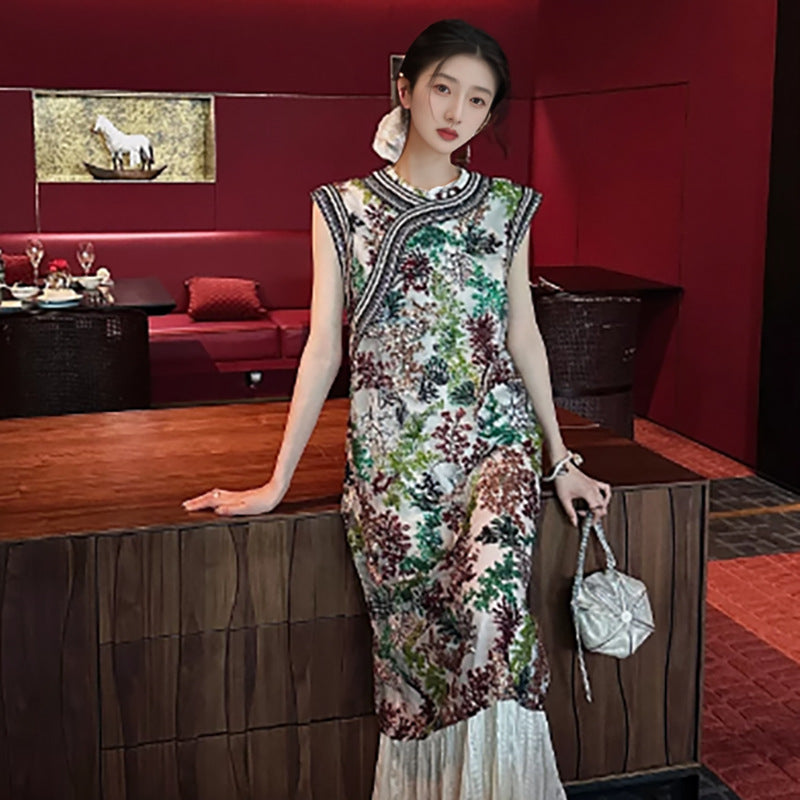 New Chinese high-end heavy industry embroidery improved cheongsam dress summer new national style splicing dress women N4073