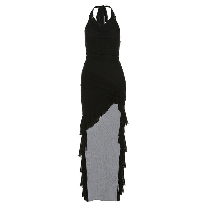 2025 style popular summer new women's clothing solid color sexy spice girl neck slim waist mesh dress