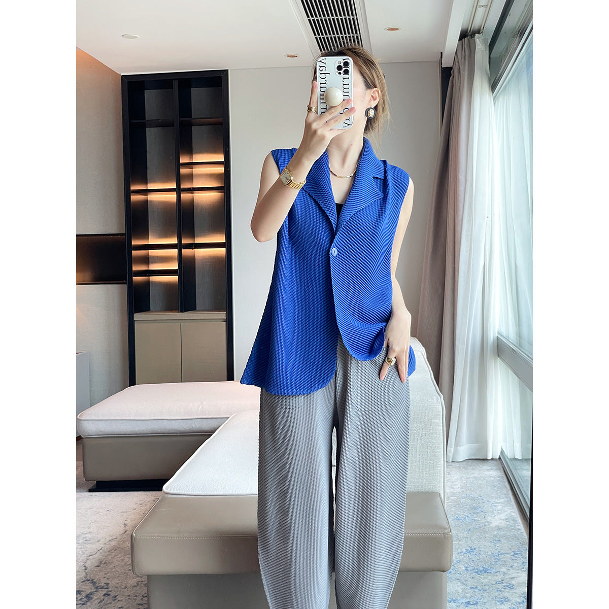suit lapel solid color design sense fashion vest pleated jacket femininity commuting versatile and thin top