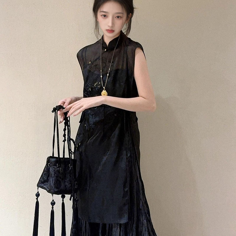 summer new new Chinese style embroidered long top half body yarn long skirt temperament set M4205