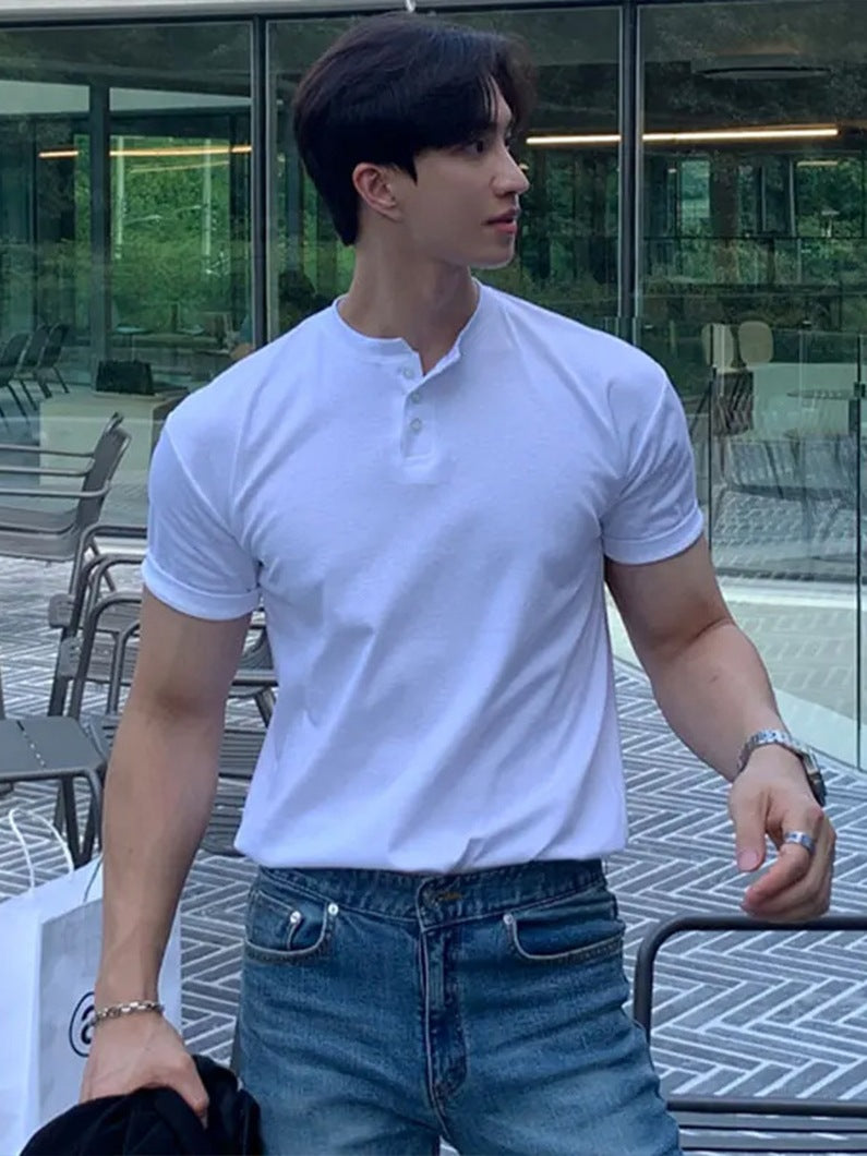 American retro heavyweight short-sleeved T-shirt men's polo shirt mature and stable tight cuffs fitness sports tough Henry shirt