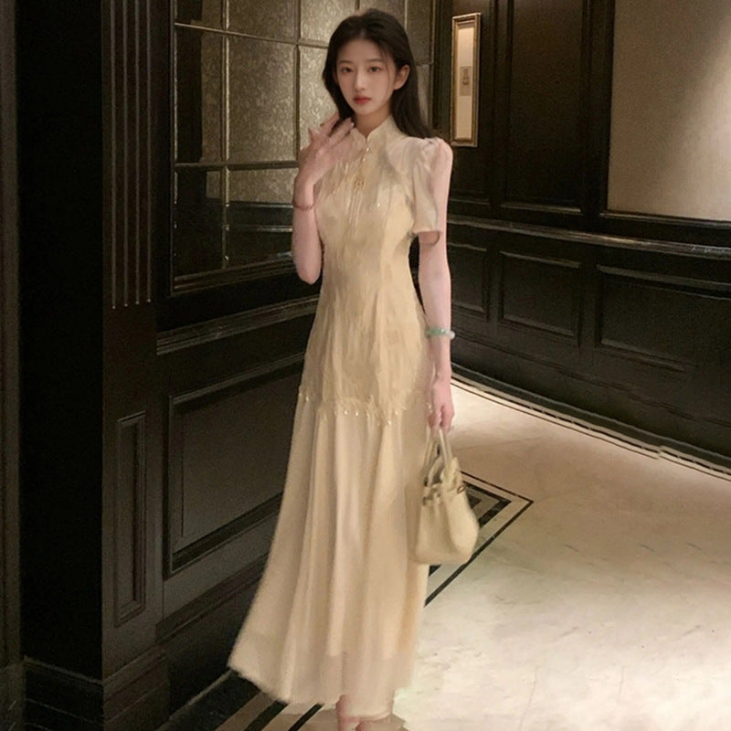 New Chinese style summer temperament peach blossom embroidered cheongsam slim split end sexy dress women's clothing N4091
