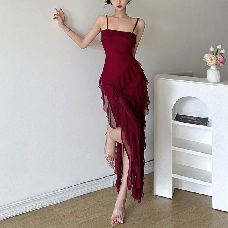 2025 style popular summer new women's clothing fashionable and sexy fungus edge splicing temperament split dress