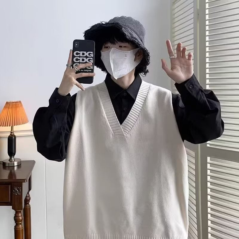 saferido boy outfits V-neck Sweater Men's Japanese Style Lazy Retro Men's Knitted Vest Autumn and Winter Loose Hong Kong Style Waistcoat